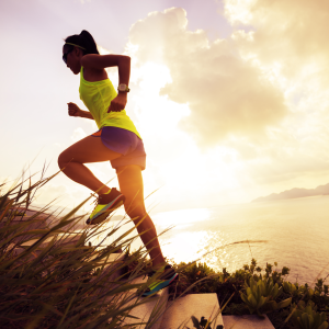 A healthy middle aged woman running